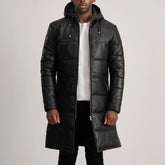Elkum Black Leather Hooded Coat Jacket