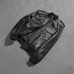 Elnas Black Leather Bomber Jacket