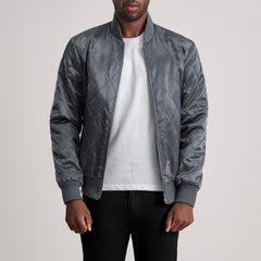 Risan Grey Leather Quilted Varsity Jacket