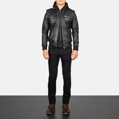 Titian Black Leather Hooded Bomber Jacket