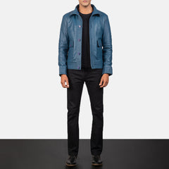 Qupor Blue Leather Bomber Jacket