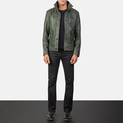 Qupor Green Leather Bomber Jacket