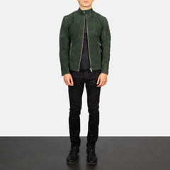 Zavion Green Suede Quilted Biker Jacket