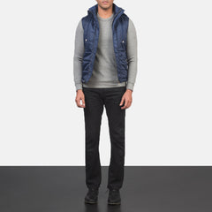 Nodin Blue Leather Hooded Vest Jacket