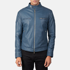 Natis Blue Leather Biker Jacket