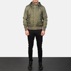 Rasos Green Leather Hooded Bomber Jacket
