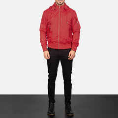 Rasos Red Leather Hooded Bomber Jacket