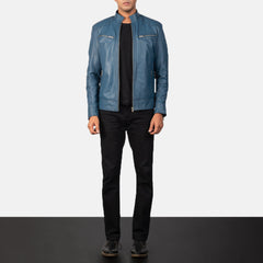 Nogos Blue Leather Biker Jacket