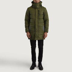 Sanen Green Leather Hooded Parka Jacket