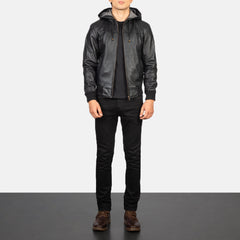 Vitor Black Leather Hooded Bomber Jacket