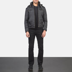 Pagion Black Leather Quilted Hooded Jacket