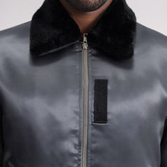 Kosar Grey Leather Bomber Jacket