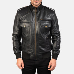Elnas Black Leather Bomber Jacket