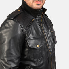 Elnas Black Leather Bomber Jacket