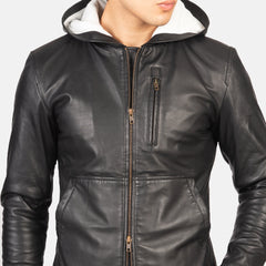 Zabian Black Leather Hooded Bomber Jacket