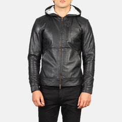 Zabian Black Leather Hooded Bomber Jacket