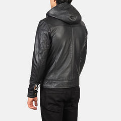Zabian Black Leather Hooded Bomber Jacket
