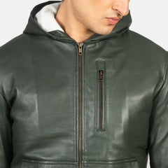 Zabian Green Leather Hooded Bomber Jacket