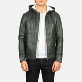 Zabian Green Leather Hooded Bomber Jacket