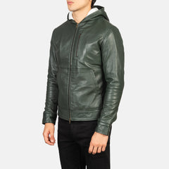 Zabian Green Leather Hooded Bomber Jacket