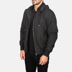 Rasos Black Leather Hooded Bomber Jacket