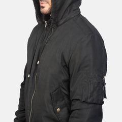 Rasos Black Leather Hooded Bomber Jacket