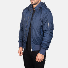 Rasos Blue Leather Hooded Bomber Jacket