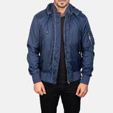 Rasos Blue Leather Hooded Bomber Jacket