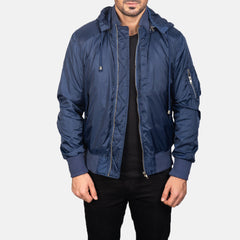 Rasos Blue Leather Hooded Bomber Jacket
