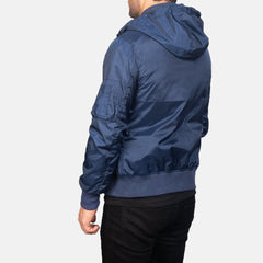 Rasos Blue Leather Hooded Bomber Jacket