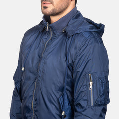 Rasos Blue Leather Hooded Bomber Jacket