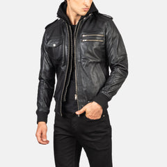 Titian Black Leather Hooded Bomber Jacket