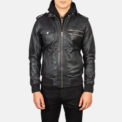 Titian Black Leather Hooded Bomber Jacket