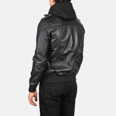 Titian Black Leather Hooded Bomber Jacket