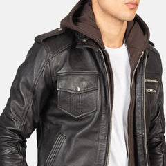 Titian Brown Leather Hooded Bomber Jacket
