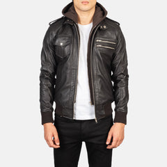 Titian Brown Leather Hooded Bomber Jacket