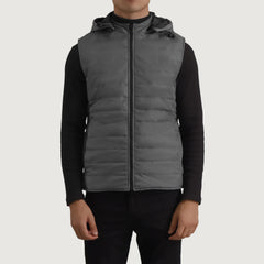 Arlen Grey Leather Hooded Vest Jacket