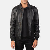 Komin Black Leather Bomber Jacket