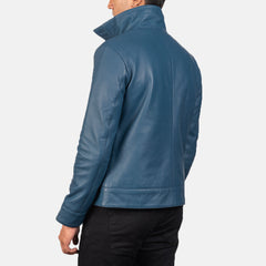 Qupor Blue Leather Bomber Jacket