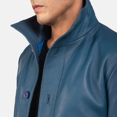 Qupor Blue Leather Bomber Jacket