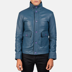 Qupor Blue Leather Bomber Jacket
