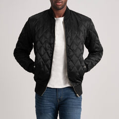 Risan Black Leather Quilted Varsity Jacket