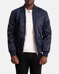 Risan Blue Leather Quilted Varsity Jacket