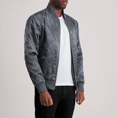 Risan Grey Leather Quilted Varsity Jacket