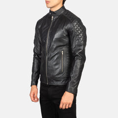 Zavion Black Leather Quilted Biker Jacket