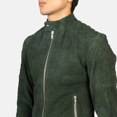 Zavion Green Suede Quilted Biker Jacket