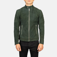 Zavion Green Suede Quilted Biker Jacket