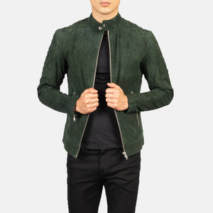 Zavion Green Suede Quilted Biker Jacket