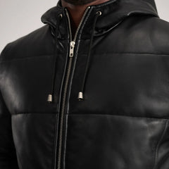 Elkum Black Leather Hooded Coat Jacket