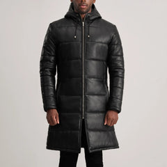 Elkum Black Leather Hooded Coat Jacket